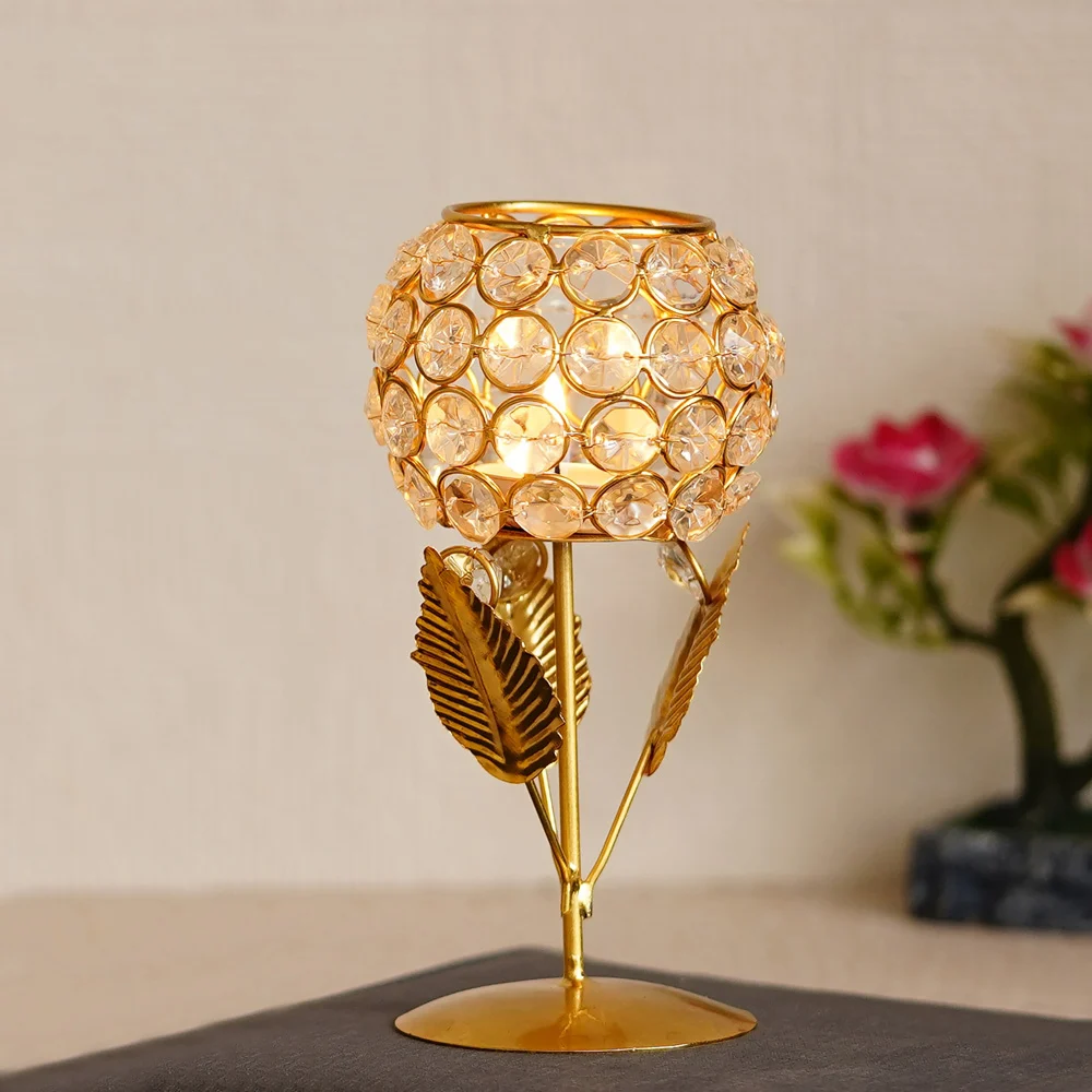 Ecraftindia Crystal Rose Shaped Flower Tea Light Candle Holder Golden