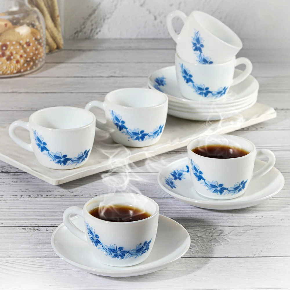 Cello Dazzle Queen Cup & Saucer Blue Swirl - White (130ml) 12 Piece