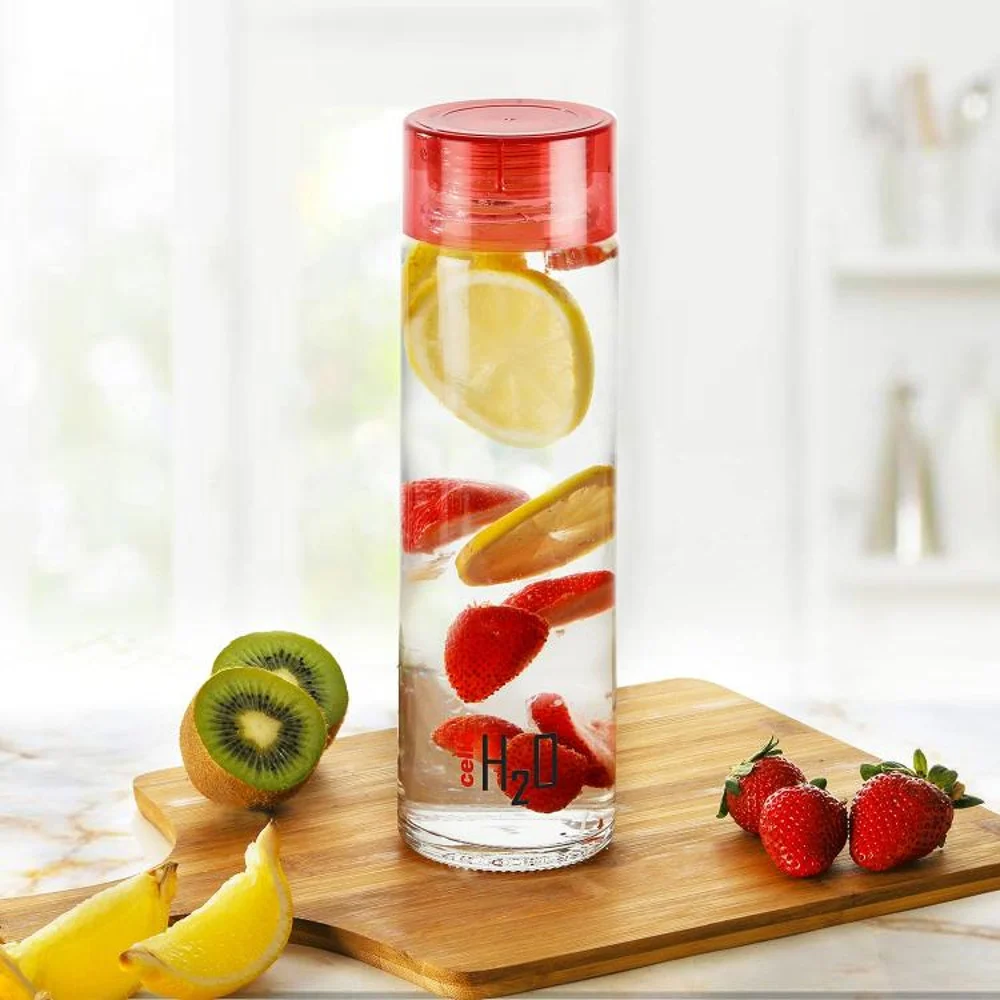 Cello H2O Glass Fridge Water Bottle with Plastic Cap Red - 920 ml