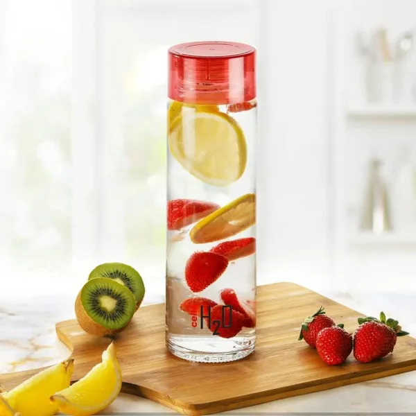 Cello H2O Glass Fridge Water Bottle with Plastic Cap Red - 920 ml