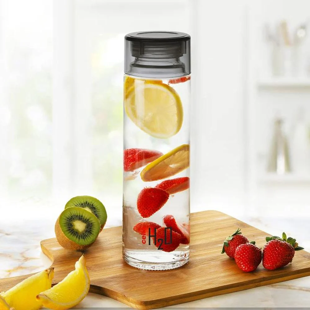 Cello H2O Glass Fridge Water Bottle with Plastic Cap Black - 920 ml
