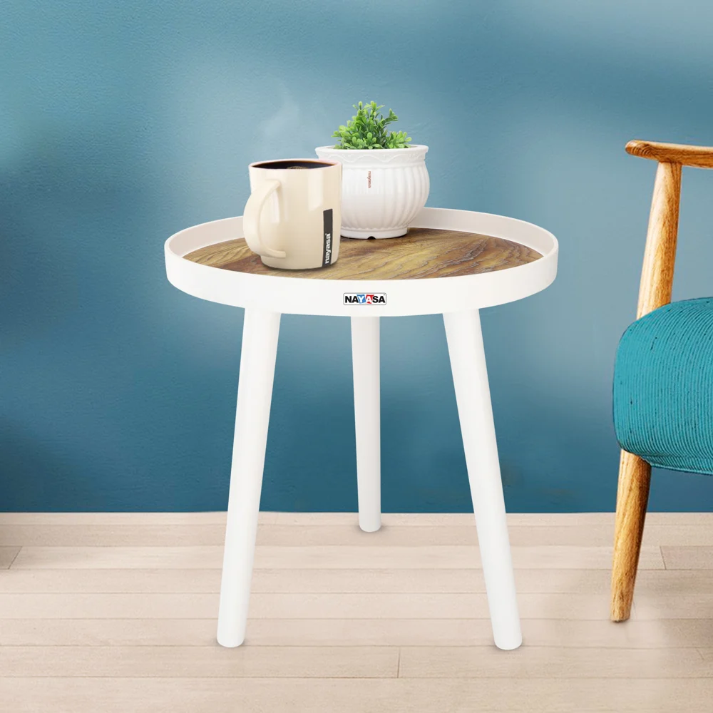 Nayasa Round Modern Plastic Side Coffee Table - White & Brown