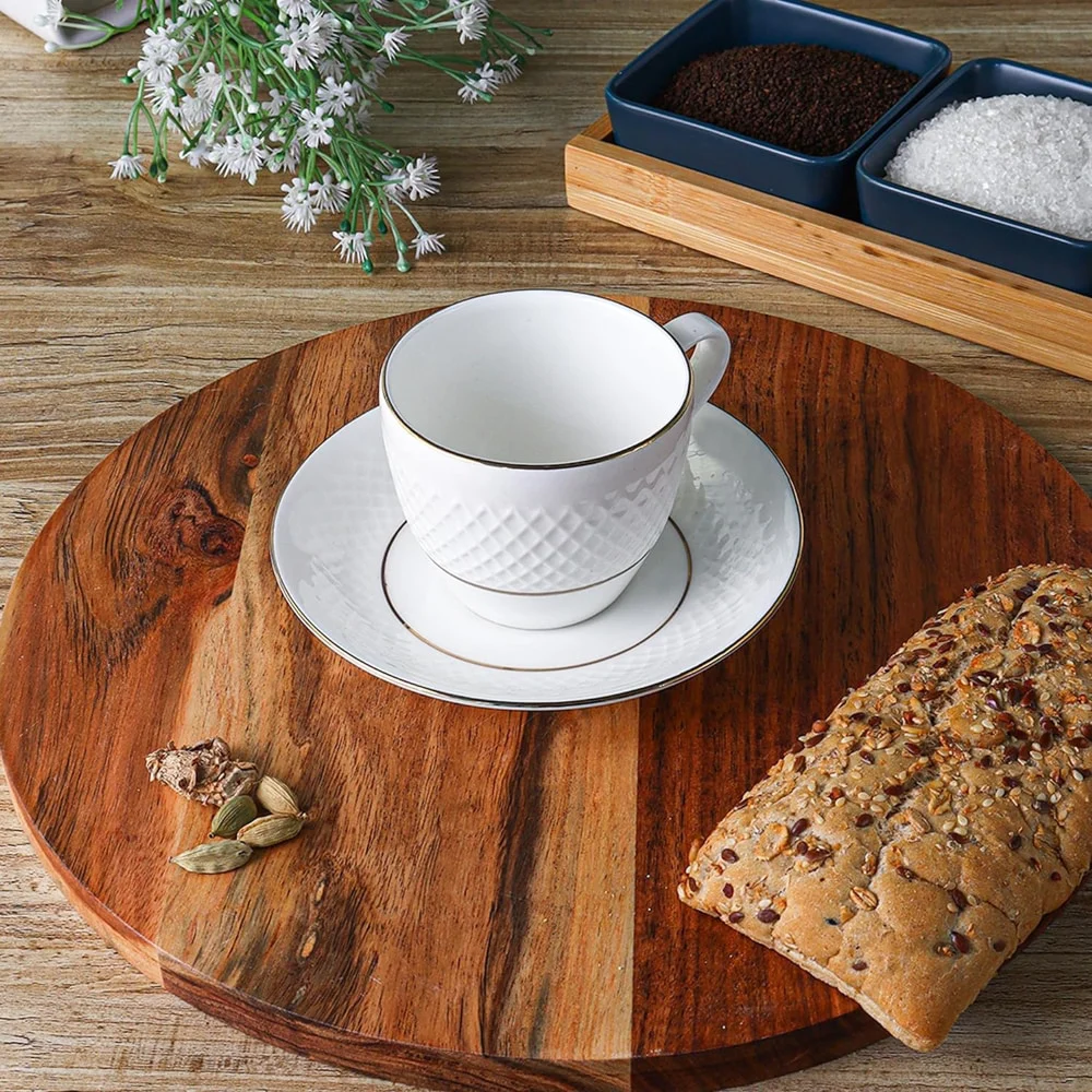 Femora Ceramic Double Gold Line Cup & Saucer (200 ml) - Set of 2