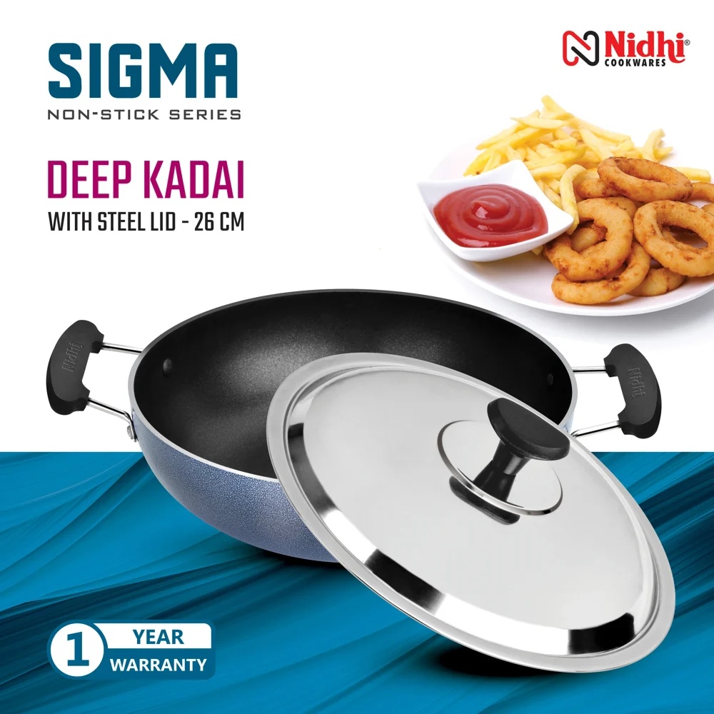 Nidhi Sigma Non Stick Deep Kadai With Steel Lid - Grey