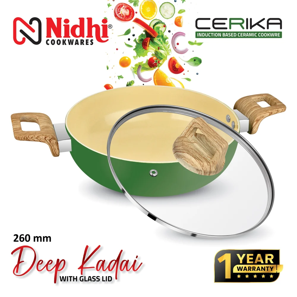 Nidhi Ceramic Kadhai With Glass Lid - Green (26 cm)