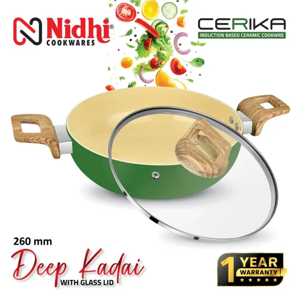 Nidhi Ceramic Kadhai With Glass Lid - Green (26 cm)