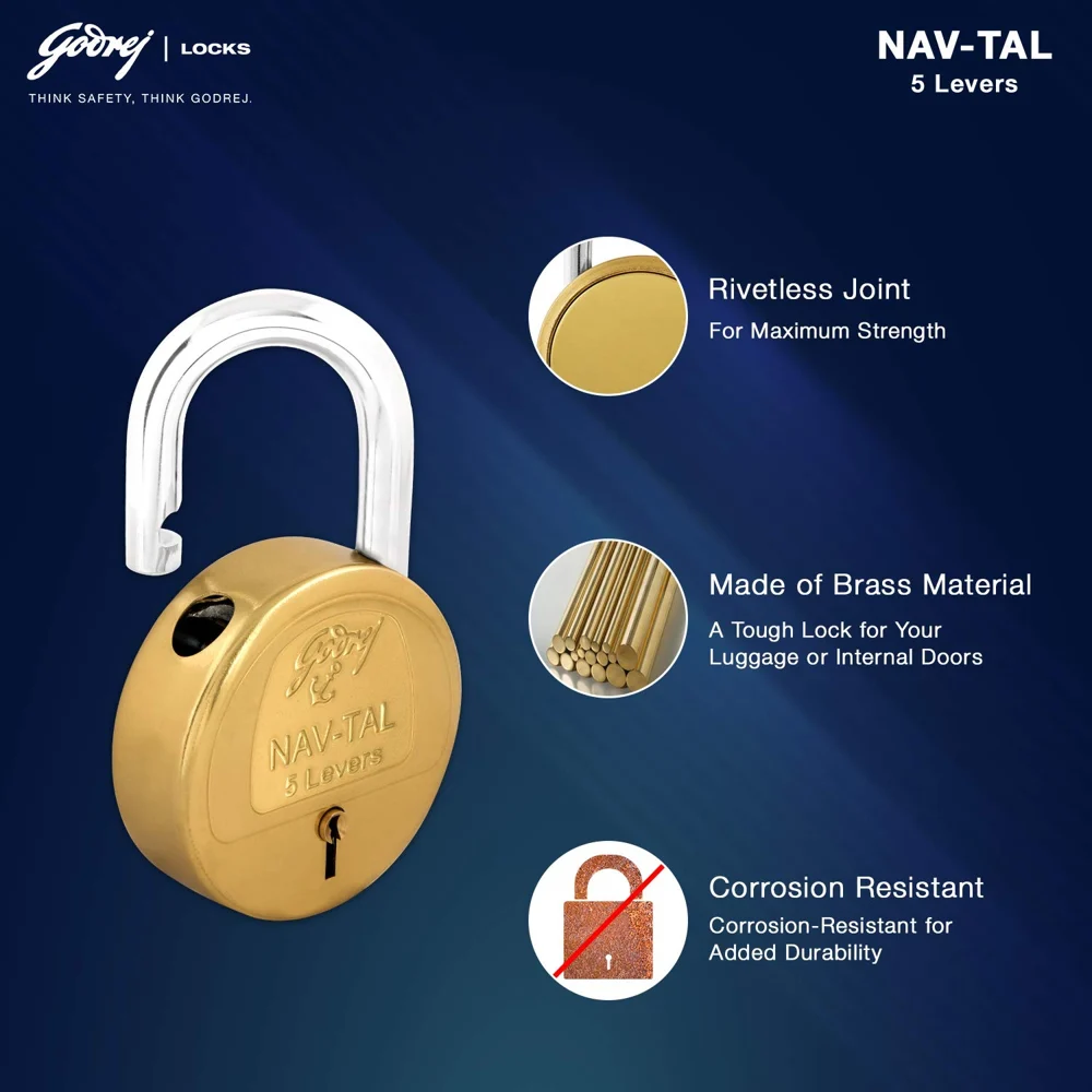 Godrej Navtal 5 Levers Brass Padlock (1 Locks & 3 Keys)