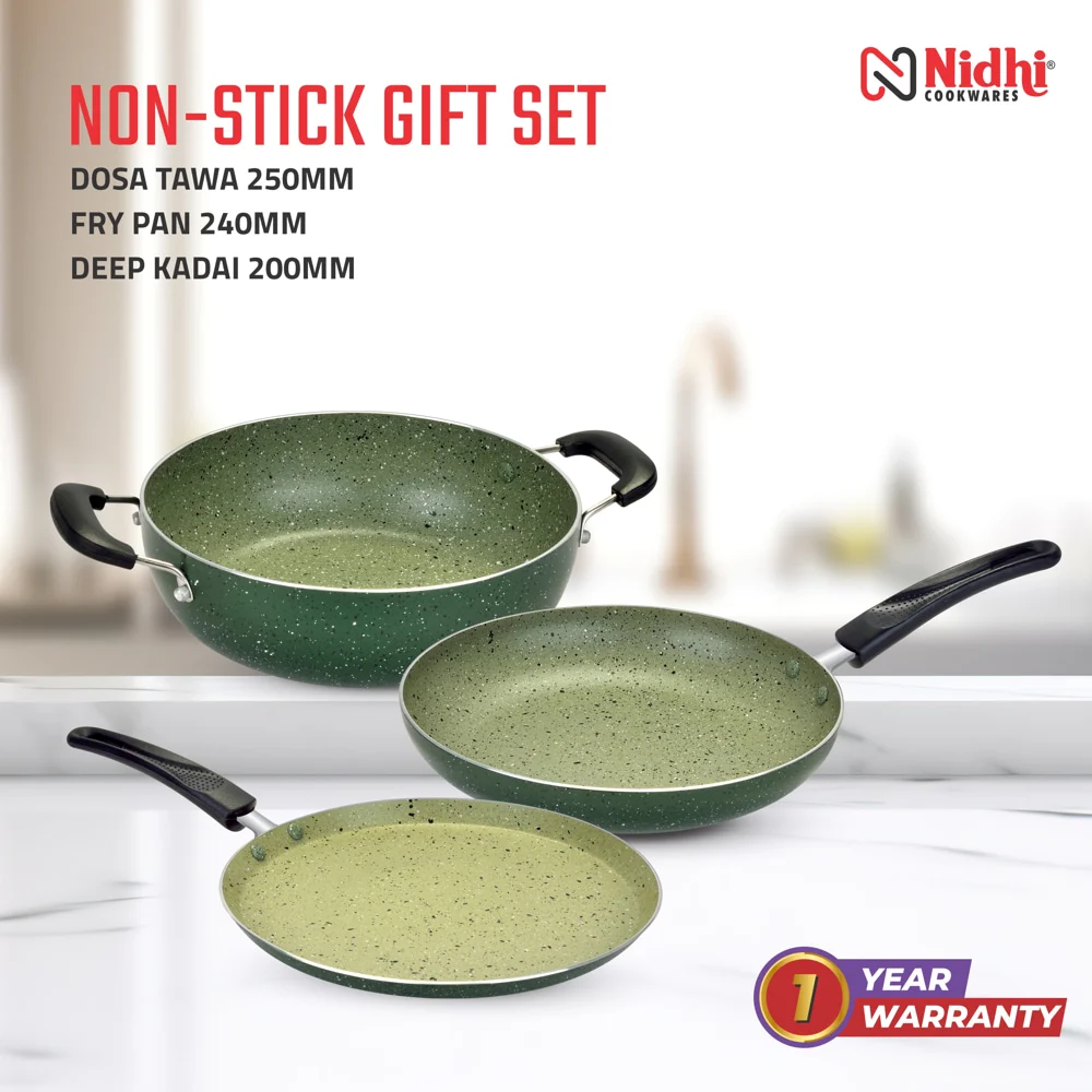 Nidhi Non-Stick Spatter Cookware Set (Green) - 3 Pieces