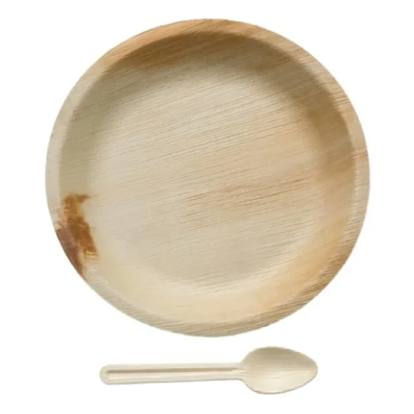 Tamul Disposable Round Shallow Areca Palm Leaf - 10 Inch Plates & 160 mm Spoon Set