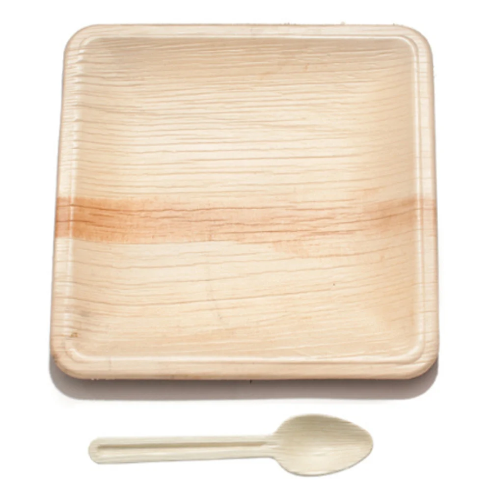 Tamul Disposable Square Areca Palm Leaf - 8 Inch Plates & 160 mm Spoon Set
