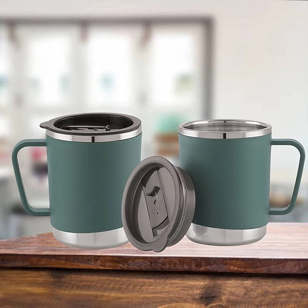Sugar Home Stainless Steel Cocoa Mug (Green) 450 ml - Set of 2