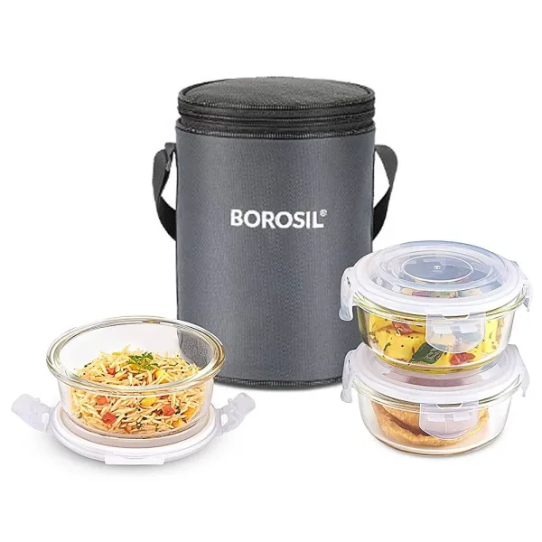 Borosil Elegant A-Round Lunch Box With Bag (400ml) - Set Of 3