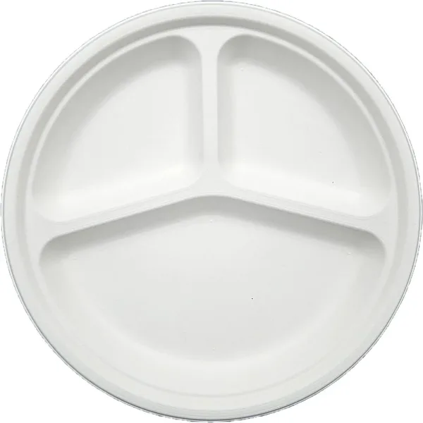 Exim Sonnet Bagasse Disposable Round Plate 3 Compartment 9 inch - (30 Piece)