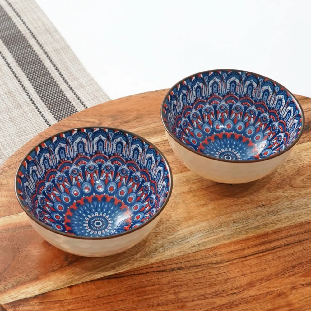 Femora Ceramic Bowl D3 (White & Blue) 315 ml - Set of 2