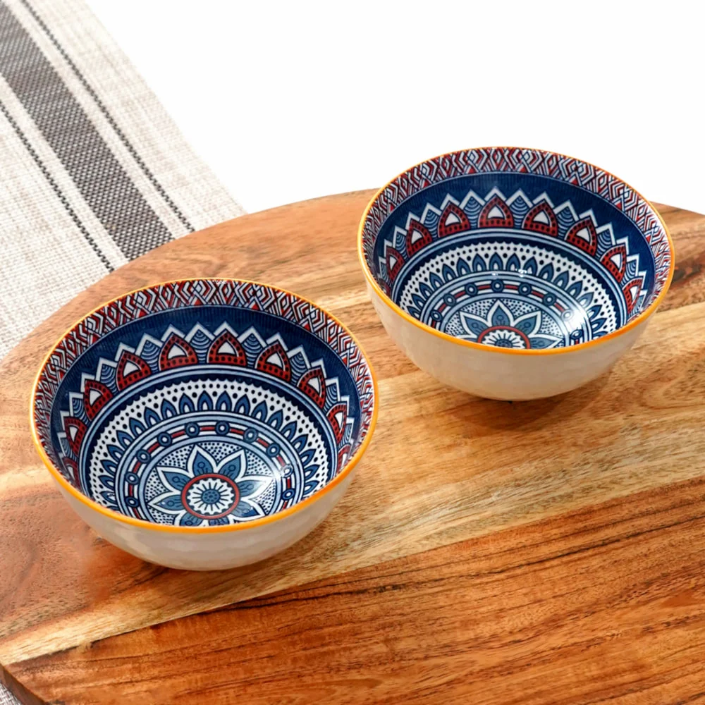 Femora Ceramic Bowl D4 (White & Blue) 315 ml - Set of 2