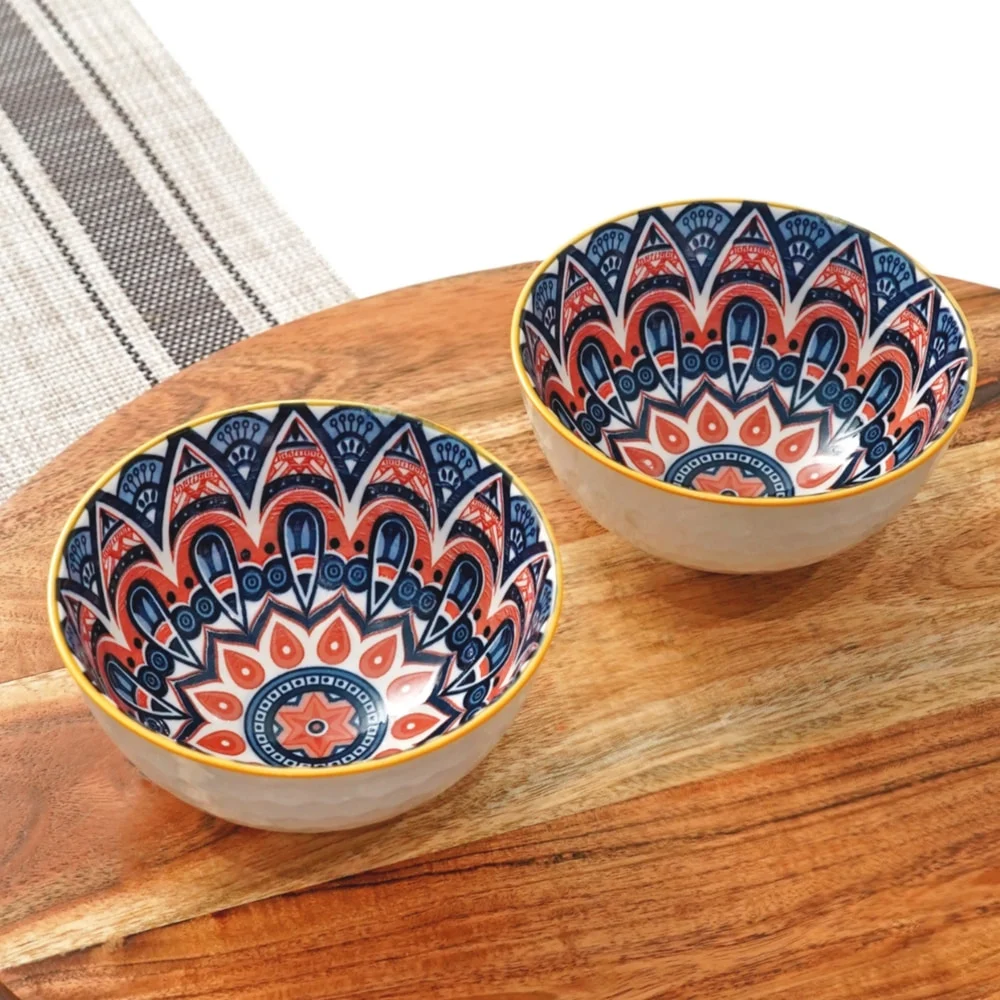 Femora Ceramic Bowl D5 (White & Blue) 315 ml - Set of 2