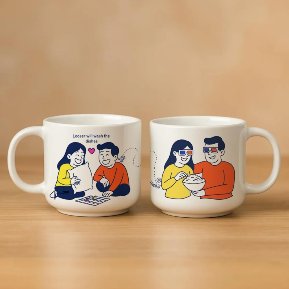 Fermora Ceramic Couple Mug (D1) - 350 ml (Off White) Set Of 2