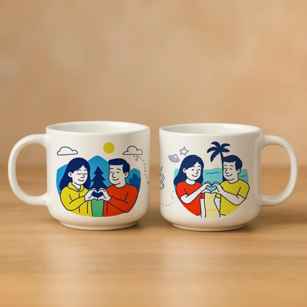 Fermora Ceramic Couple Mug (D2) - 350 ml (Off White) Set Of 2