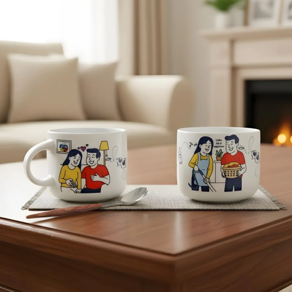 Fermora Ceramic Couple Mug (D3) - 350 ml (Off White) Set Of 2