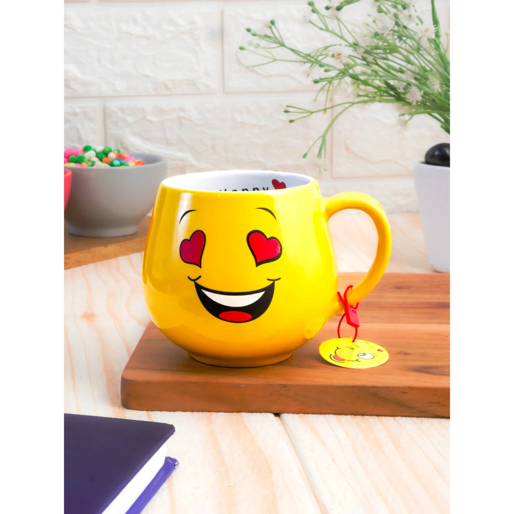 Femora Ceramic Smily Face Emoji Coffee Mug (Yellow) - 380 ml