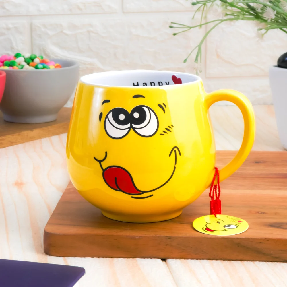 Femora Ceramic Yummy Yum Face Emoji Coffee Mug (Yellow) - 380 ml