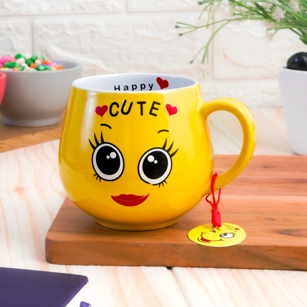 Femora Ceramic Cute Face Emoji Coffee Mug (Yellow) - 380 ml