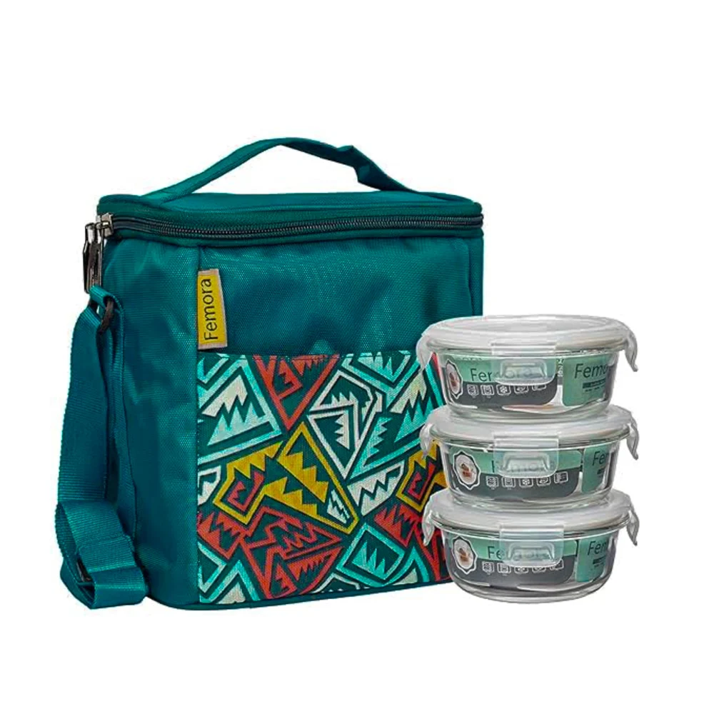 Femora Glass Round Three Lunch Box With Carry Bag - (Blue)