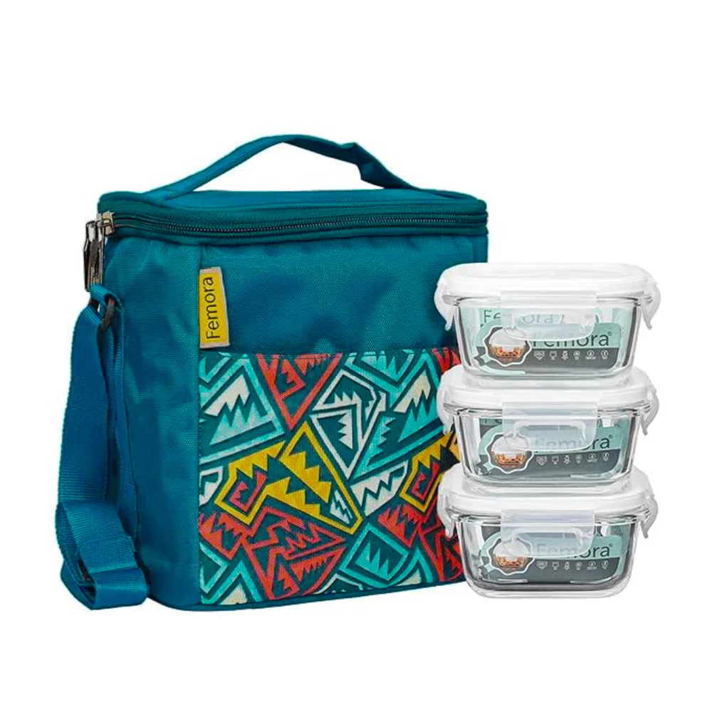 Femora Glass Square Three Lunch Box With Carry Bag - (Blue)