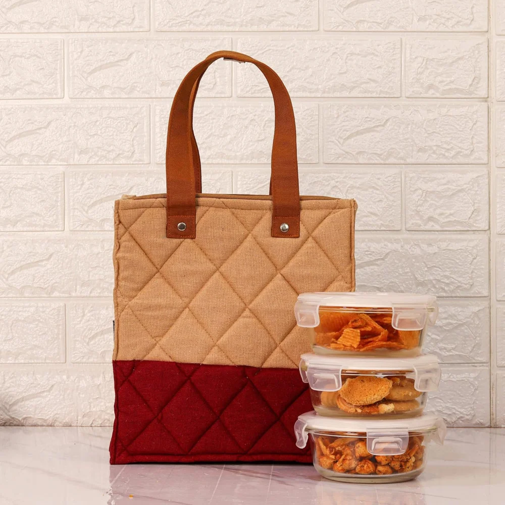 Femora Glass Lunch Box With Carry Bag (Maroon) - Set Of 3