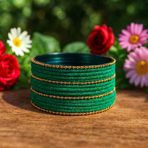 House Of Festival Green & Gold Metal Velvet Bangles Set Of 16 - Size 2.2