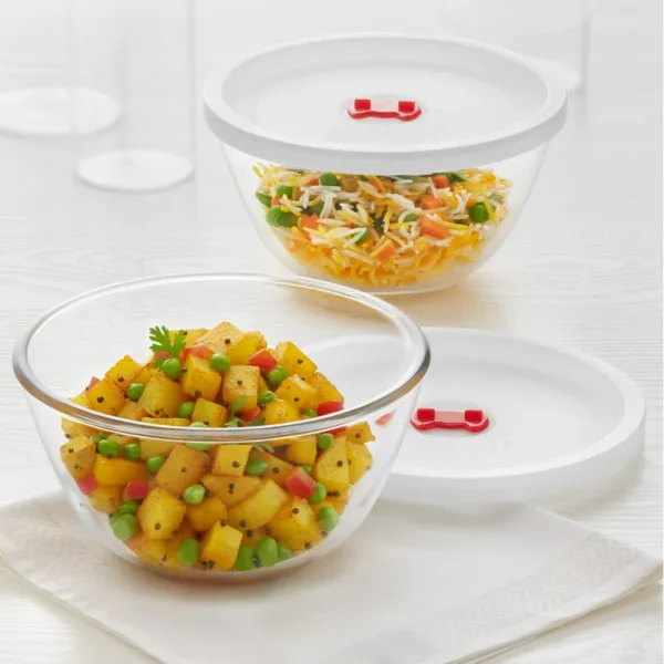 Borosil Tuff Round Glass Bowl With Lid (1 Liter) - Set Of 2
