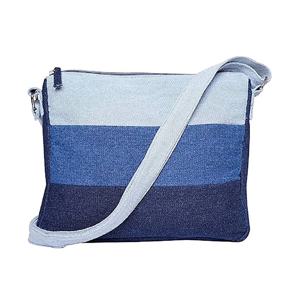 The Purani Jeans Denim Horizontal Stripes Sling Bag - Blue