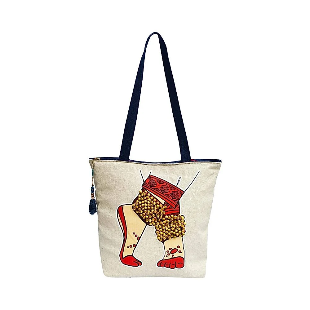 The Purani Jeans Dance Tote Bag With Ghungroo - Off White And Blue