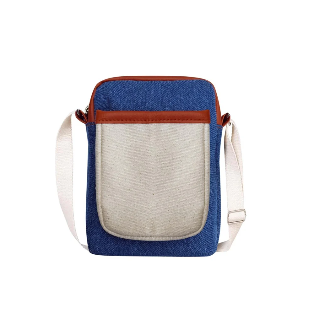 The Purani Jeans Denim & Canvas Mobile Sling Bag - Blue & Off White