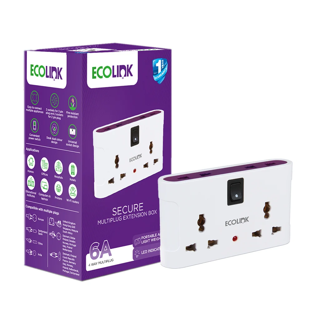 Ecolink 4Way Multiplug Adapter 6A White