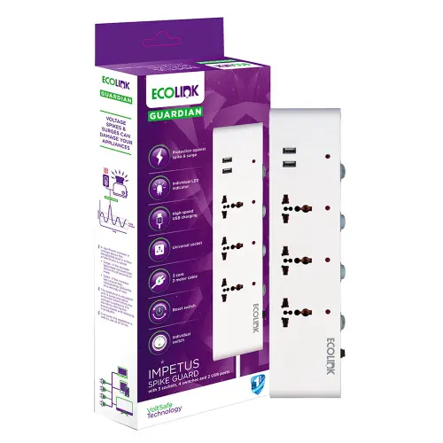 Ecolink By Philips Spike Guard Extension Board + 2Usb (Length-1.5M) White : 1 Unit