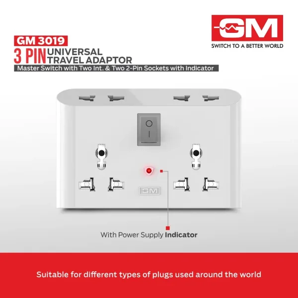 GM 3 Pin Travel Universal Multi Plug Adapter - White