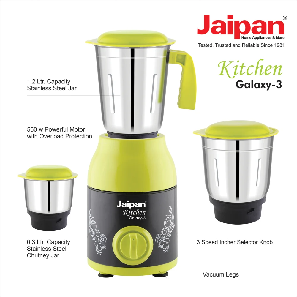 Jaipan Kitchen Galaxy-3 Mixer Grinder - 3 Jars (550 W) - Green & Black