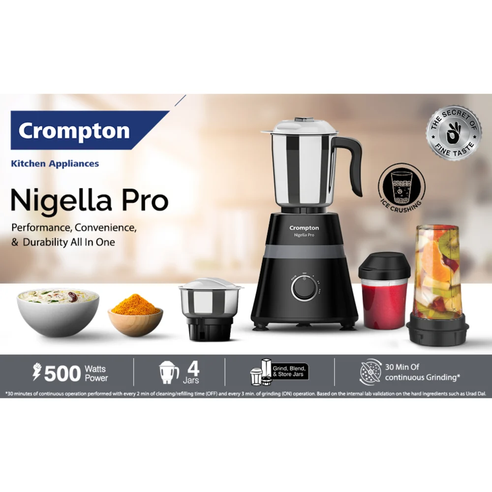 Crompton Nigella PRO 500 W 4 Jar Mixer Grinder (Black)