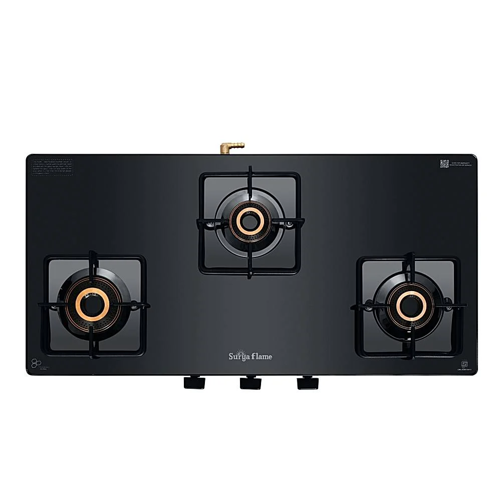 Surya Flame Lux 3 Burner Glass Top Gas Stove (Black)