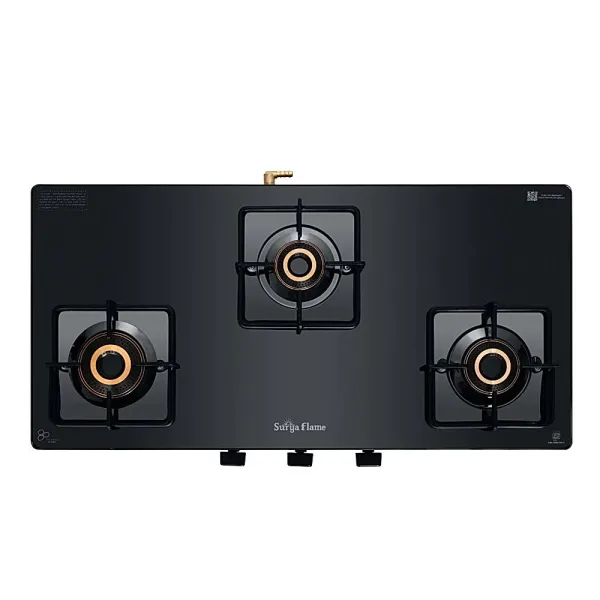 Surya Flame Lux 3 Burner Glass Top Gas Stove (Black)