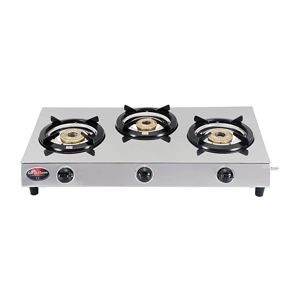 Surya Flame Nova 3 Burner Stainless Steel Gas Stove (Silver)