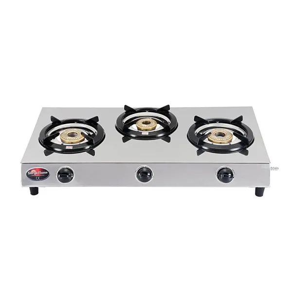 Surya Flame Nova 3 Burner Stainless Steel Gas Stove (Silver)