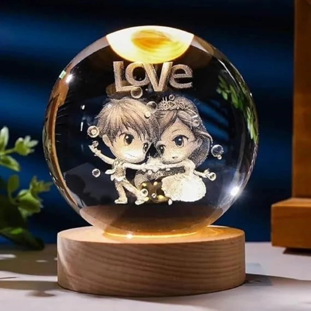 DesiDiya 3D Love Crystal Ball Night Light Led With Wooden Stand