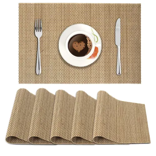 VAA PVC Checks Dining Table Mat (Gold) - Set of 6