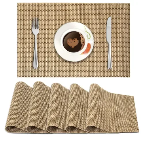 VAA PVC Checks Dining Table Mat (Gold) - Set of 6