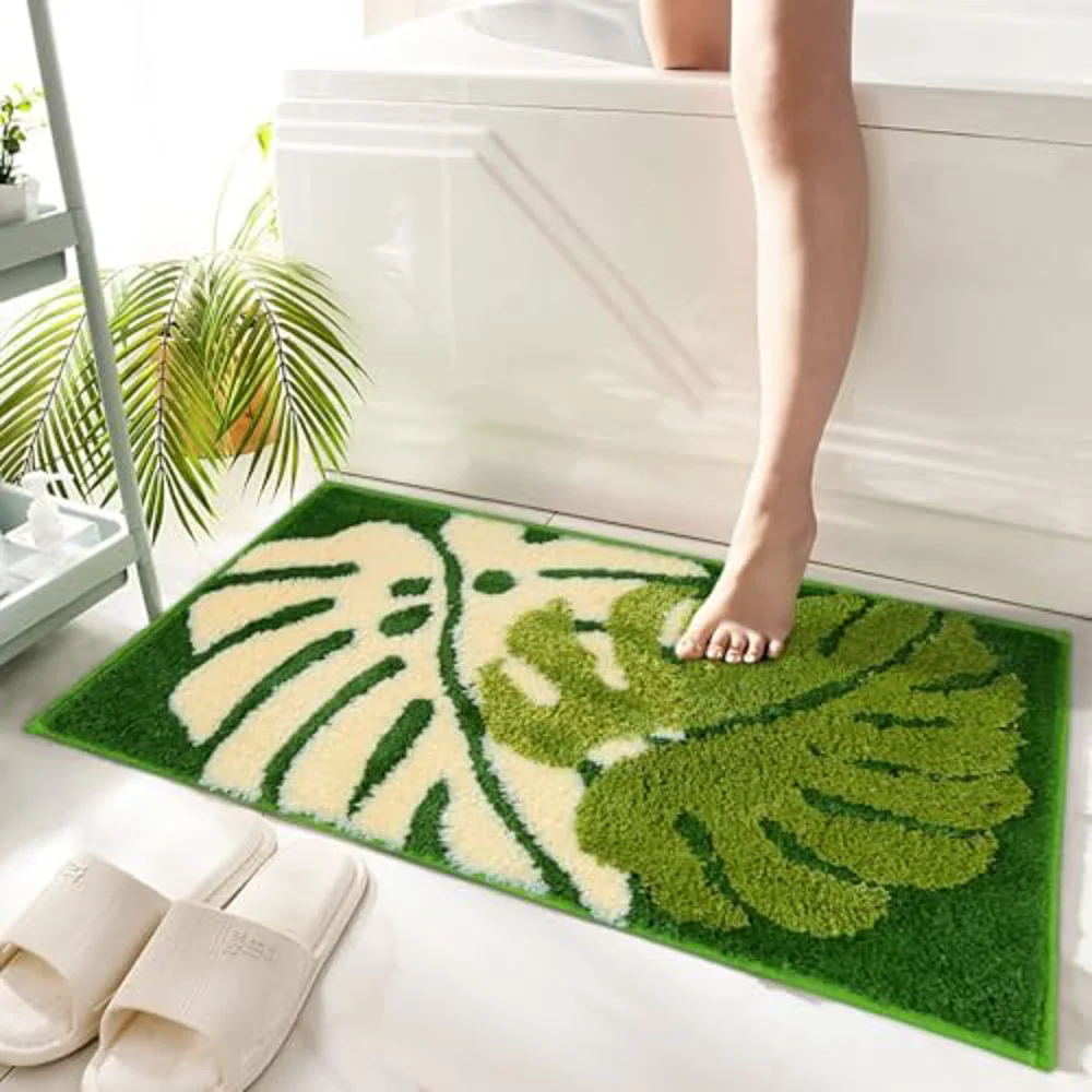 Roseate Two Leaf Microfibre Bath Mat (P1) - Green