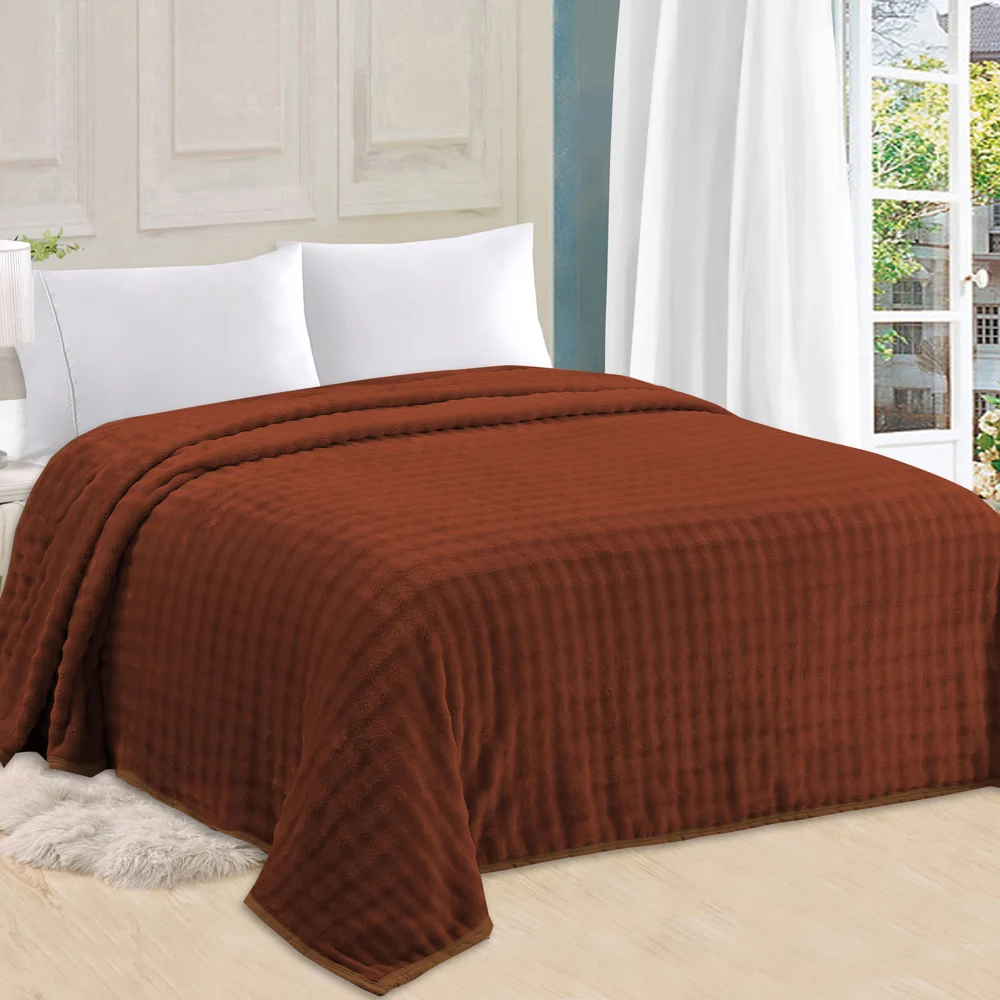 Sheetal World Afrin Combed Solid Self Double Blanket - Brown