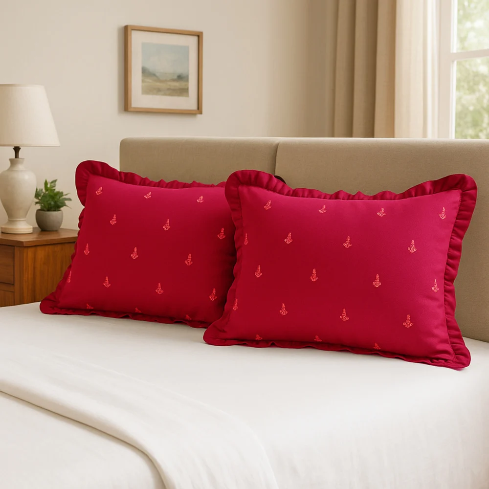 SC Cotton Embroidered Pillow Cover - Solid Maroon (41×61 cm) Pack of 2