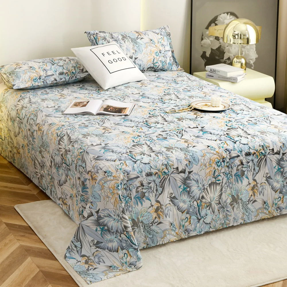 Story At Home Printed Double Bedsheet 144 TC (Grey & Blue) - 225 x 250 cm